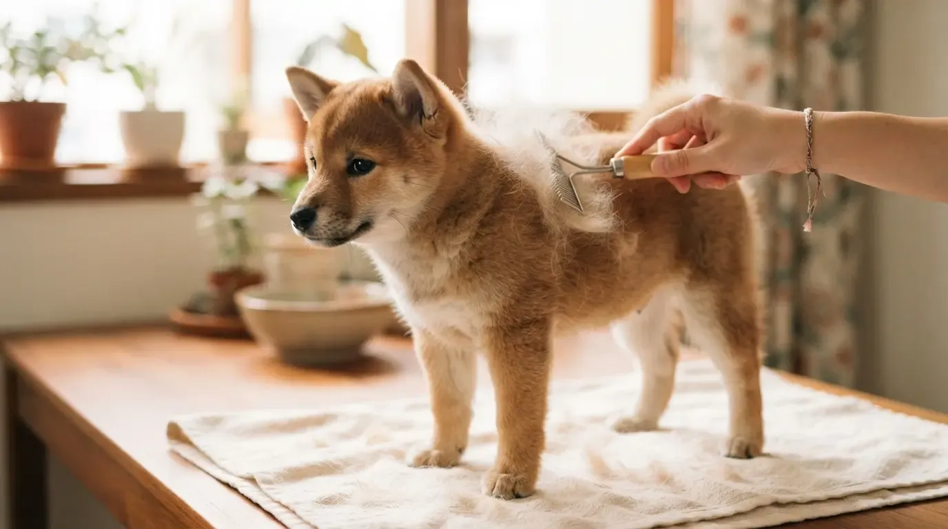 Shiba Inu coat blow care: brushing loose undercoat from a young Shiba at home