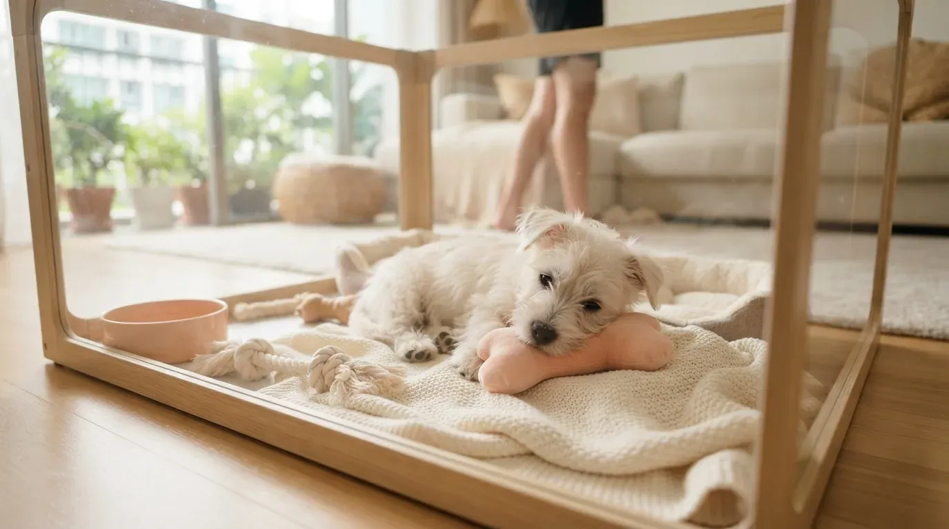 Westie puppy settling into a set-up playpen during its first week home