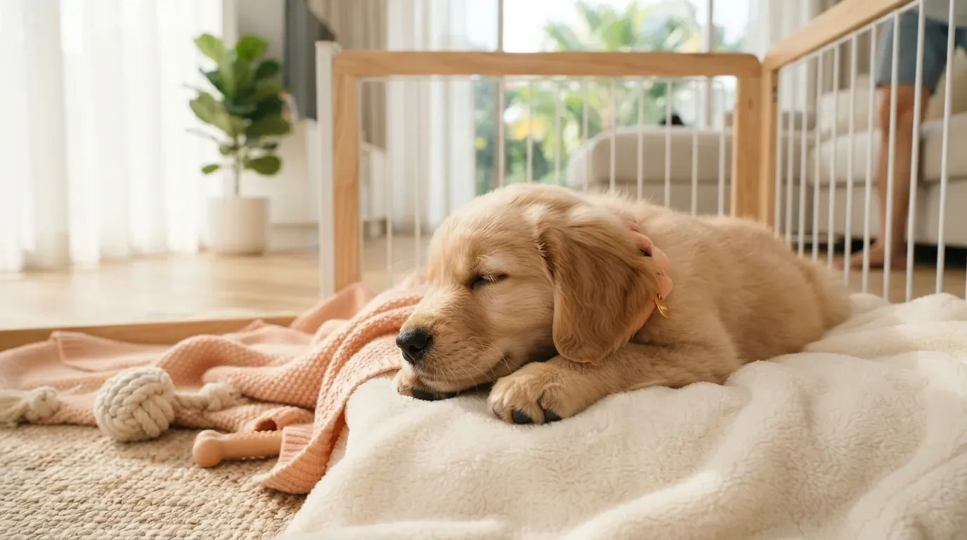Golden Retriever puppy settling into a set-up playpen during its first week home