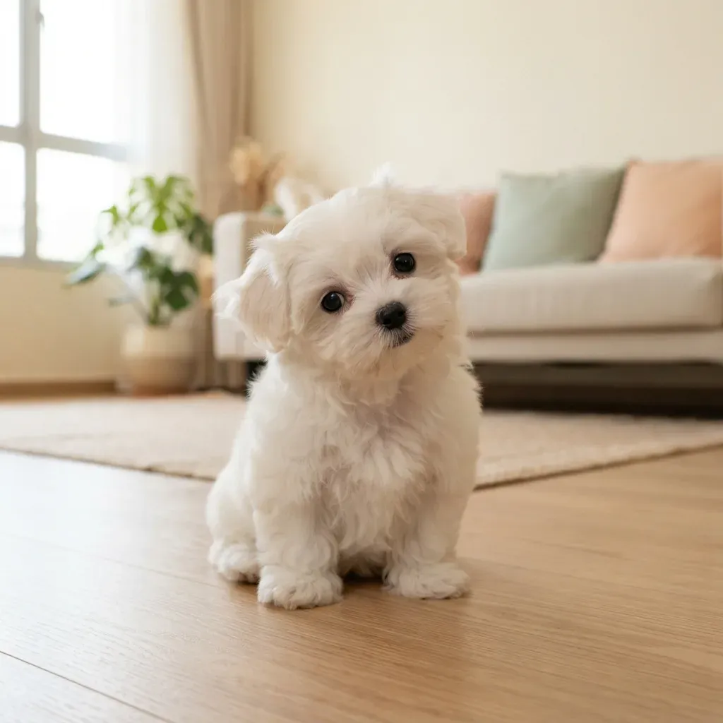 Pure white male Maltese puppy sitting with a head tilt