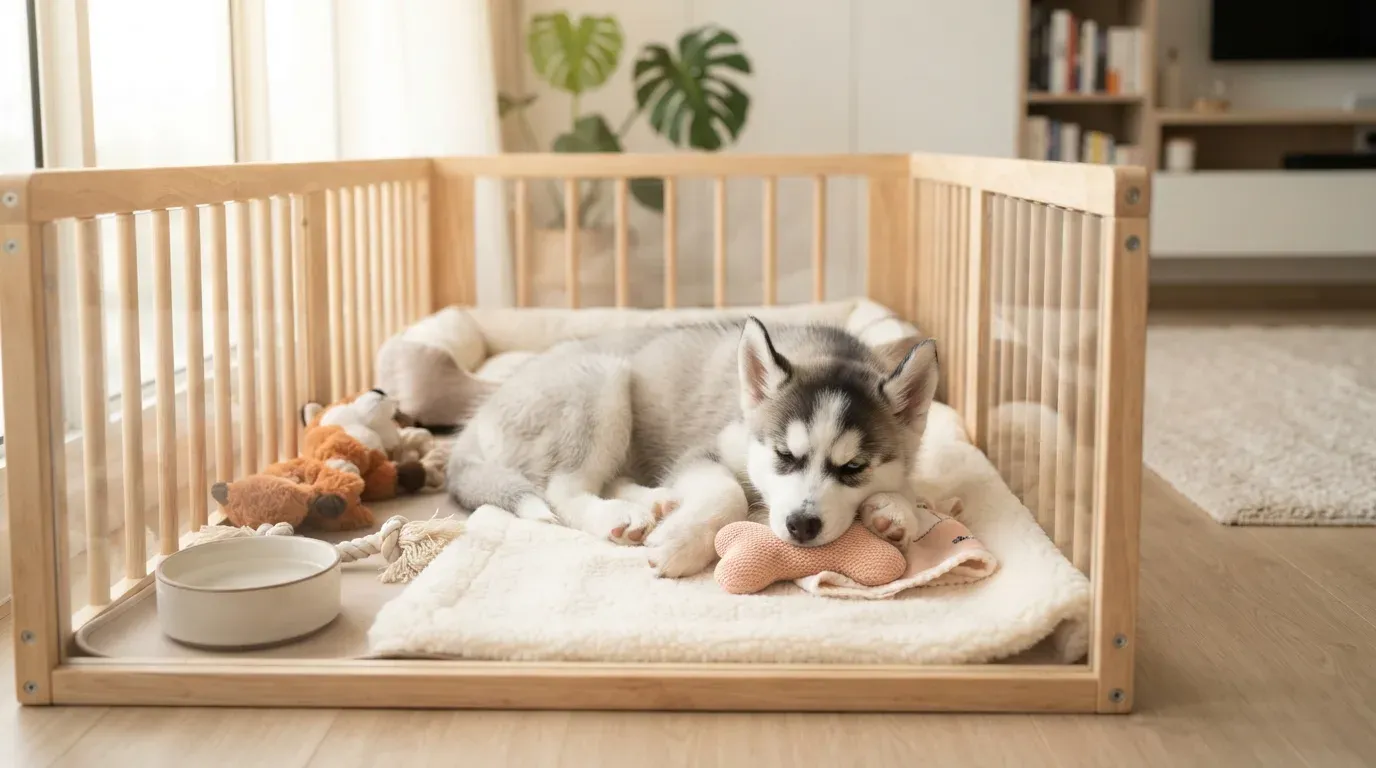 Siberian Husky puppy settling into a set-up playpen during its first week home