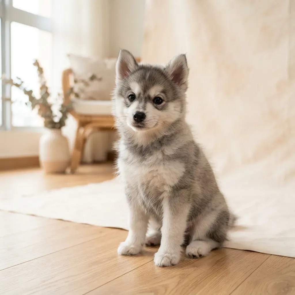 Pomsky puppy, a Husky-Pomeranian cross for private housing in Singapore (not HDB-approved)