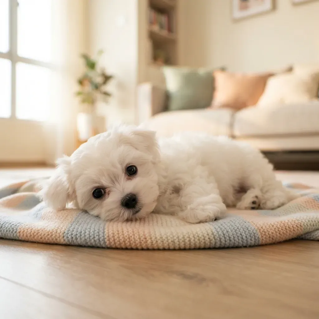 Ivory female Maltese puppy lying on a pastel blanket