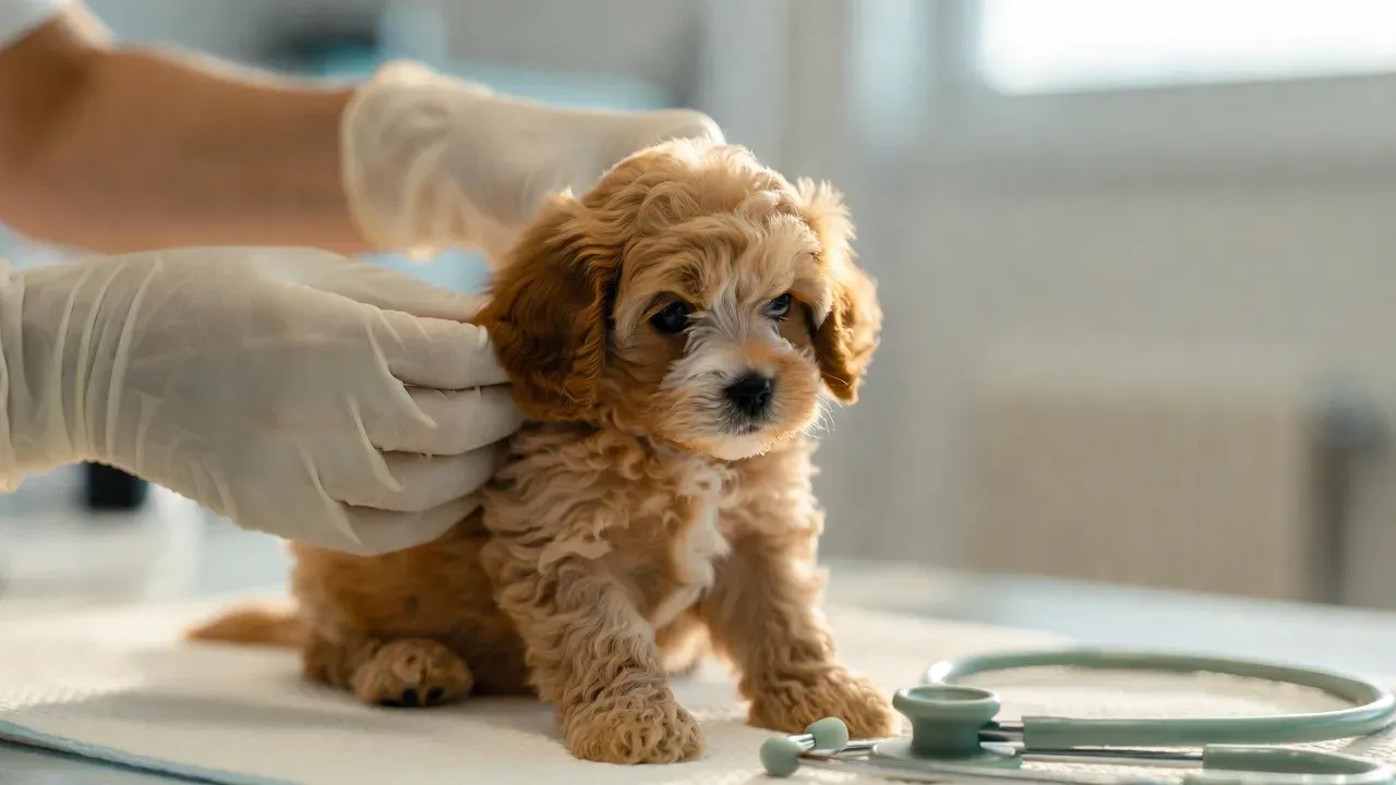 Cavapoo puppy at a veterinary health check before going home
