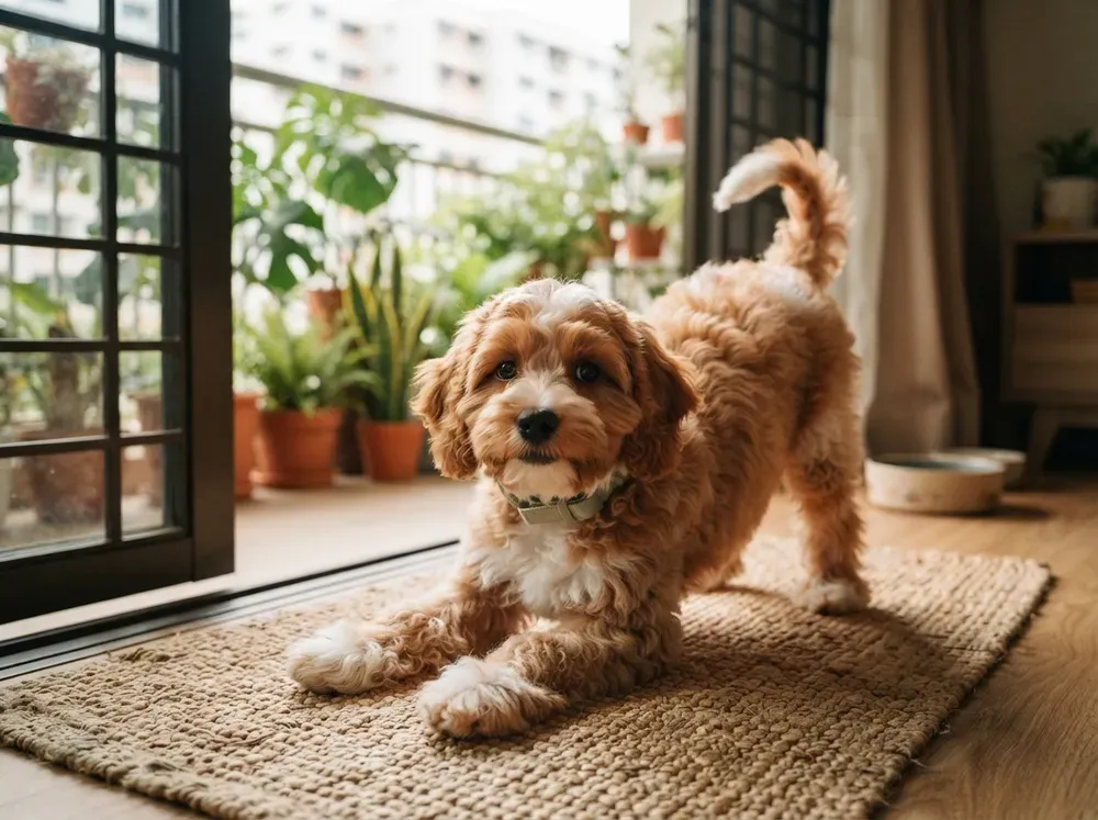 Apricot and white male Cavapoochon puppy available in Singapore