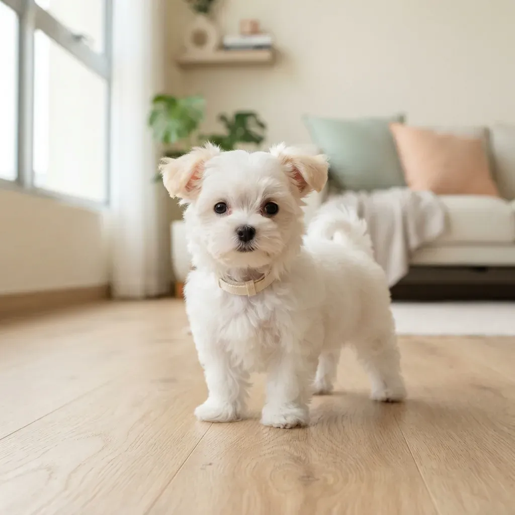 White male Maltese puppy with pale cream ears standing alert