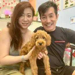 A Curious Tails customer with their new puppy in Singapore
